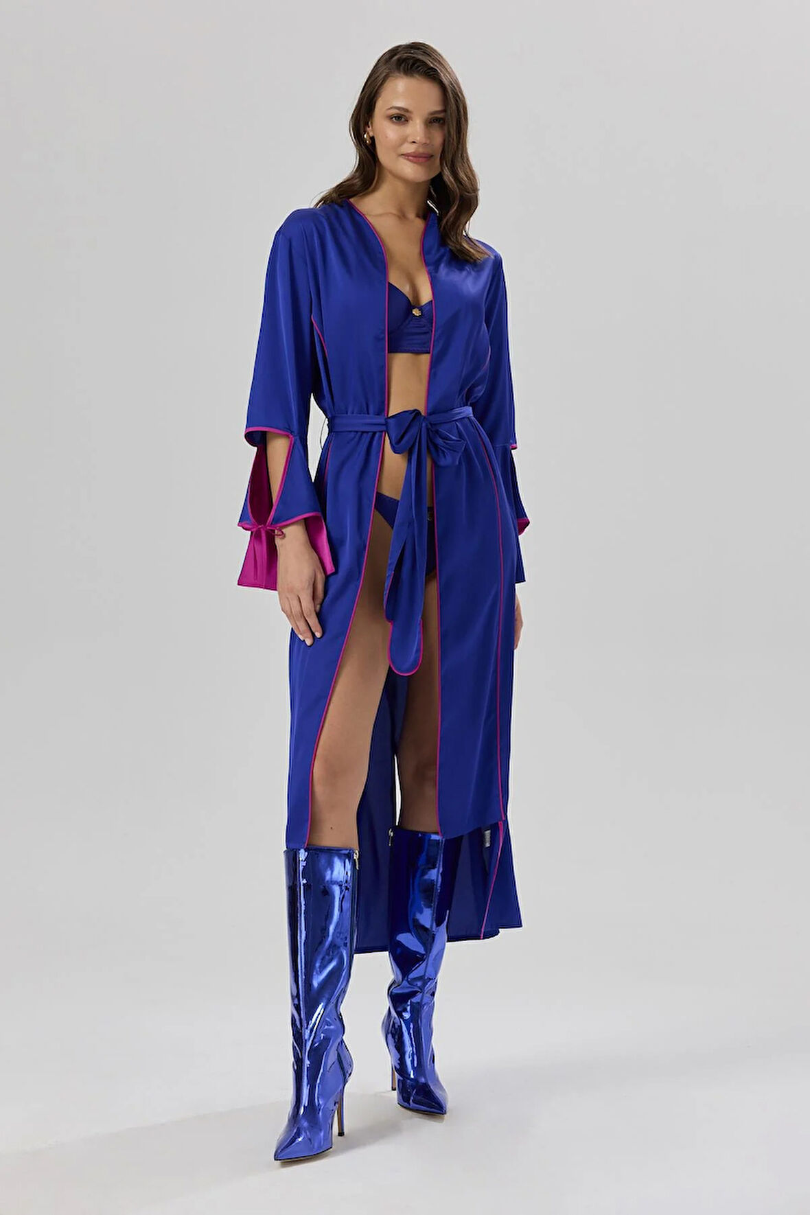 Addria Saks Mavisi Uzun Saten Sabahlık / Kimono