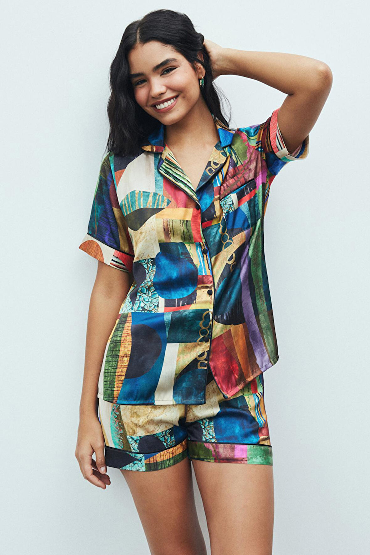 Amoureux Coloré Desenli Kısa Saten Pijama Takımı