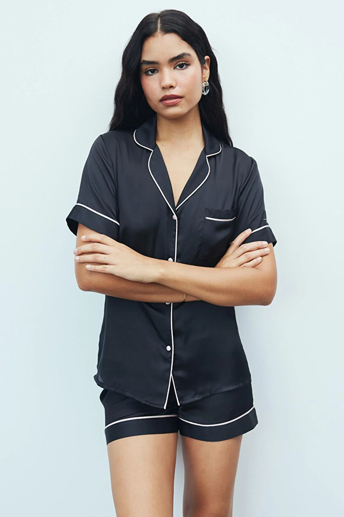 Amoureux Siyah Kısa Saten Pijama Takımı