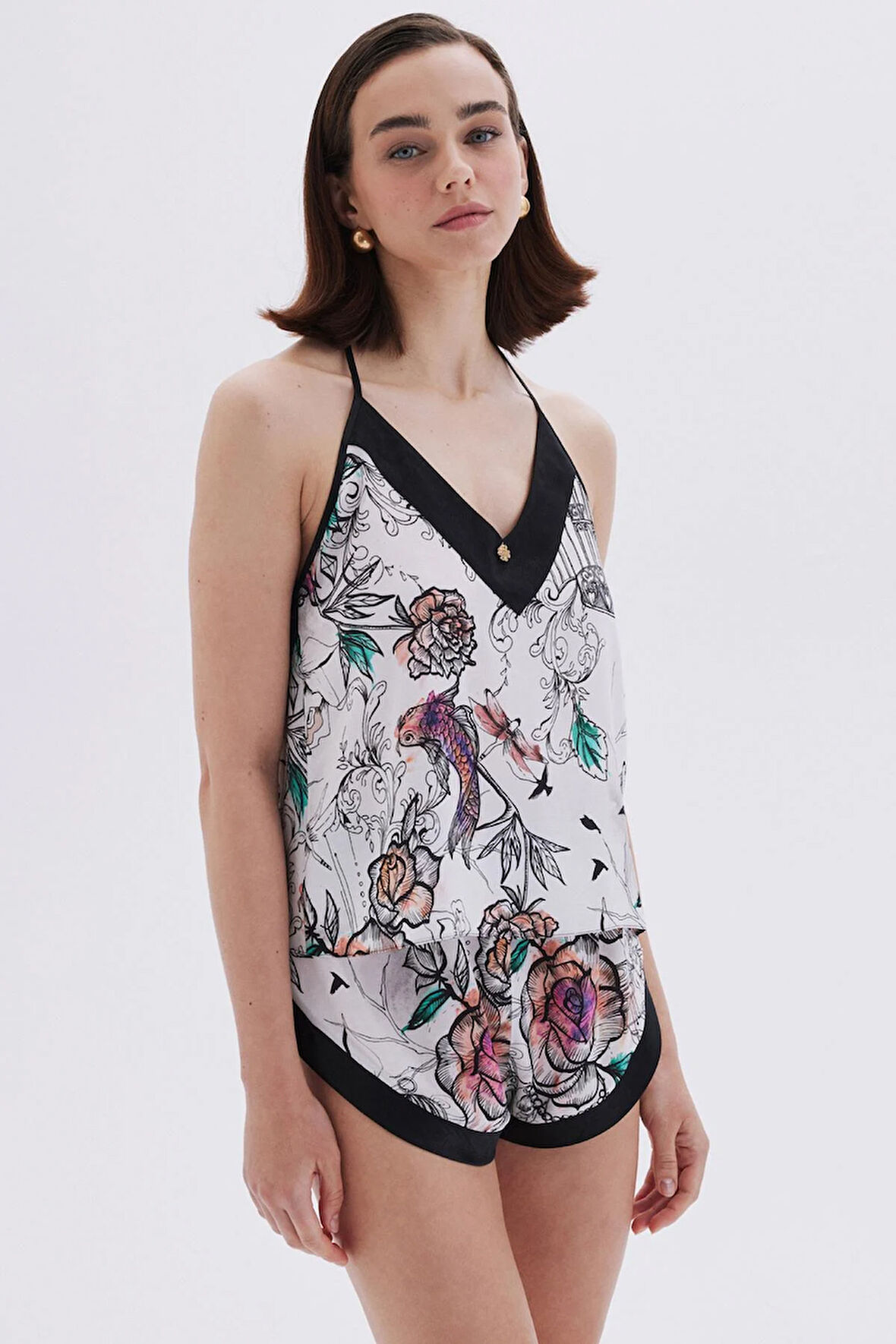 Maison Royale Desenli Saten Detaylı Askılı Kısa Viskon Pijama Takımı