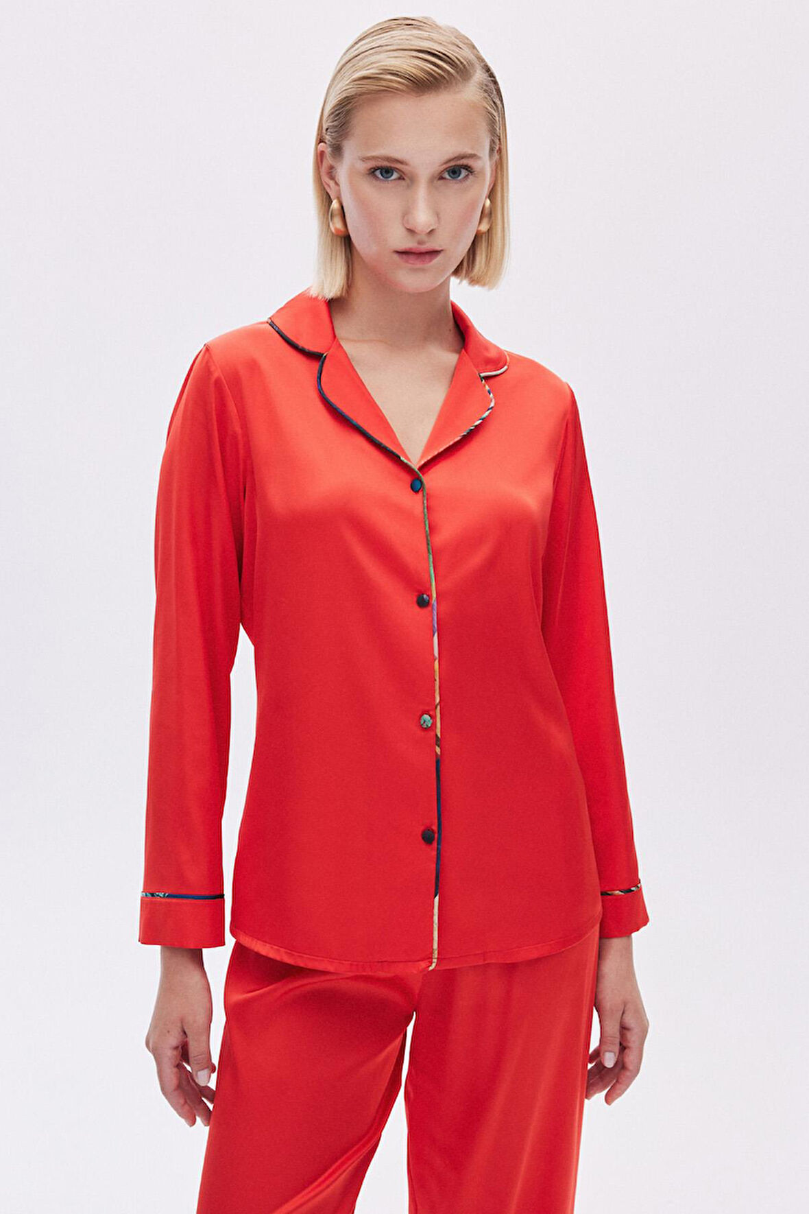 Colorex Nar Çiçeği Uzun Saten Pijama Takımı