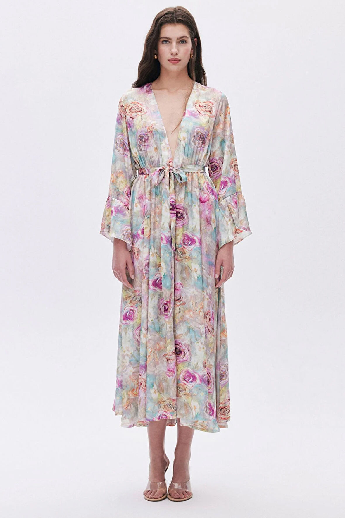 Marguerite Desenli Uzun Saten Sabahlık / Kimono