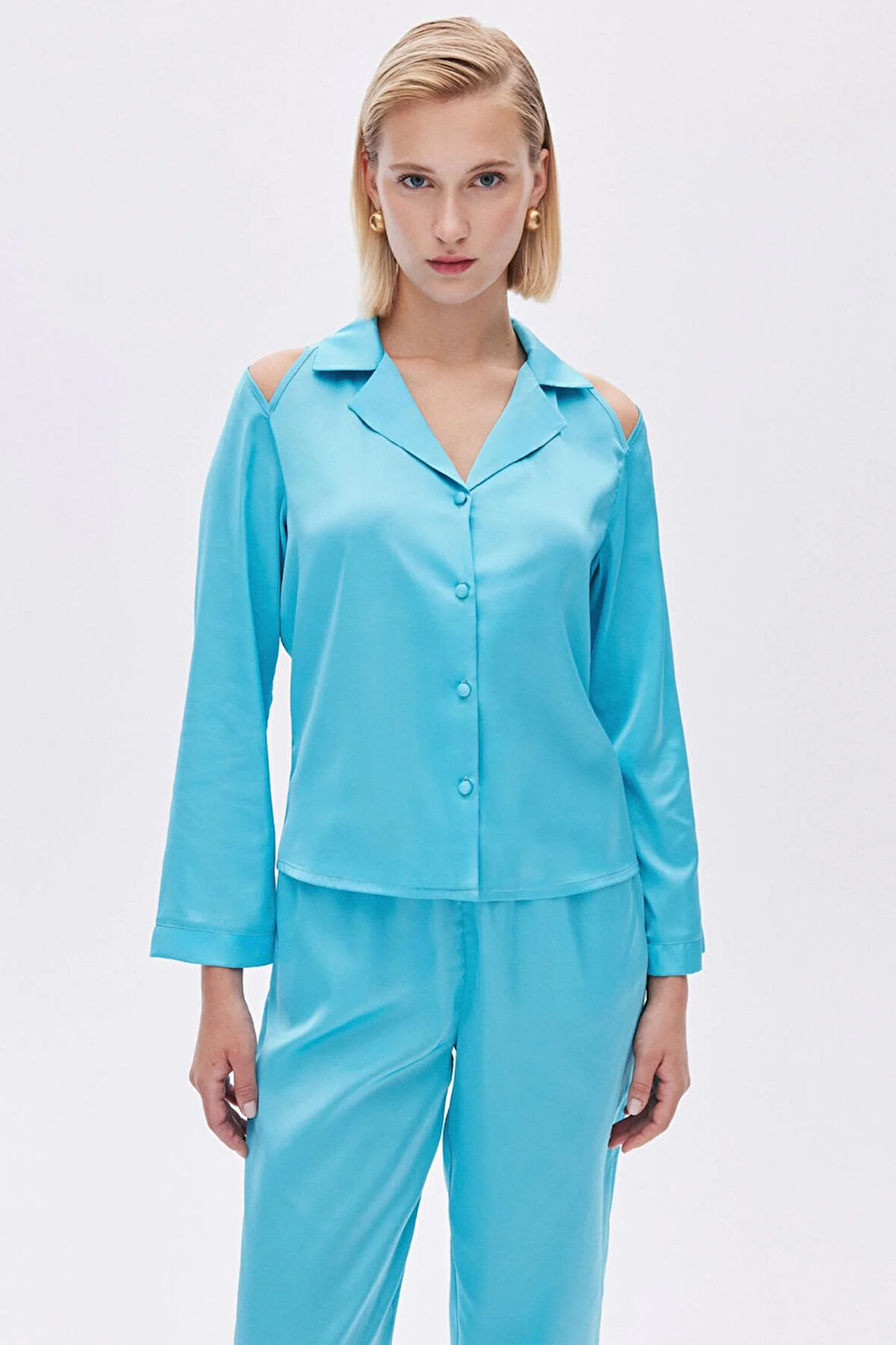 Leyiza Elu Mavisi Uzun Saten Pijama Takımı