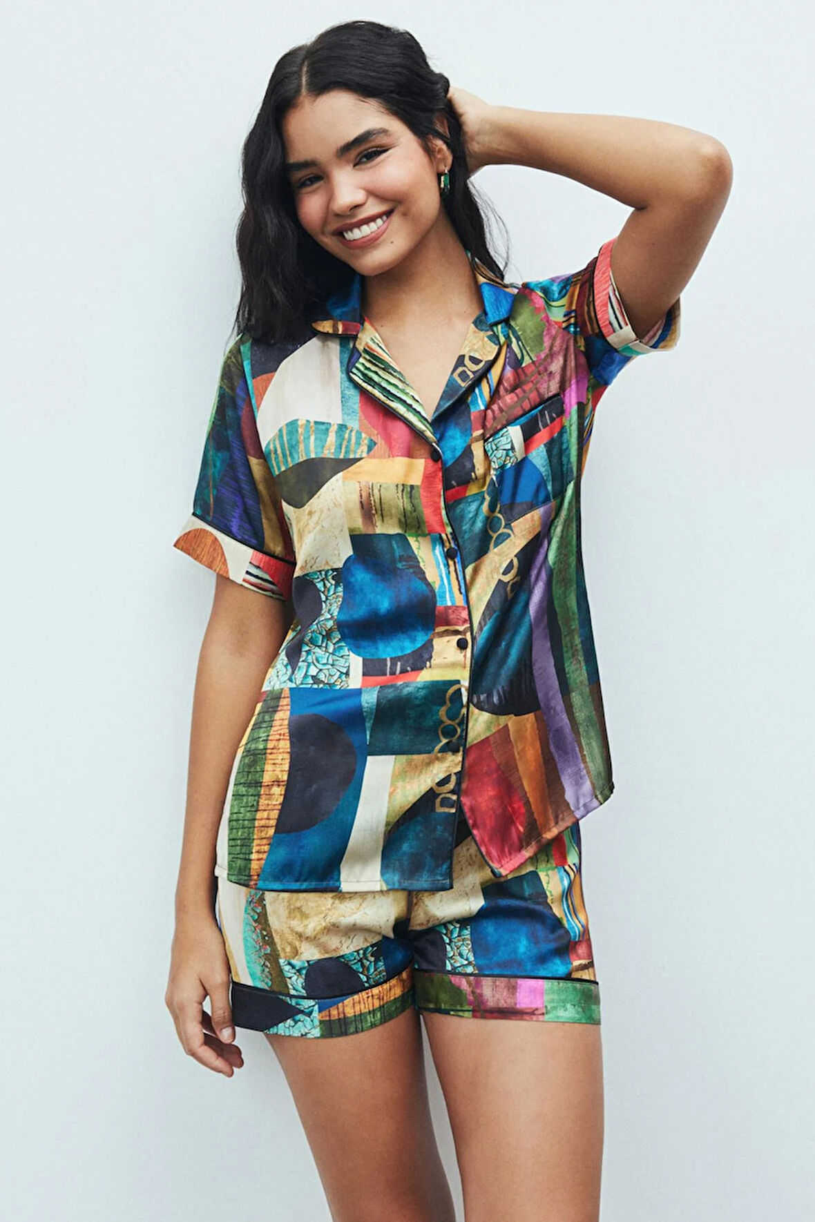 Amoureux Coloré Desenli Kısa Saten Pijama Takımı