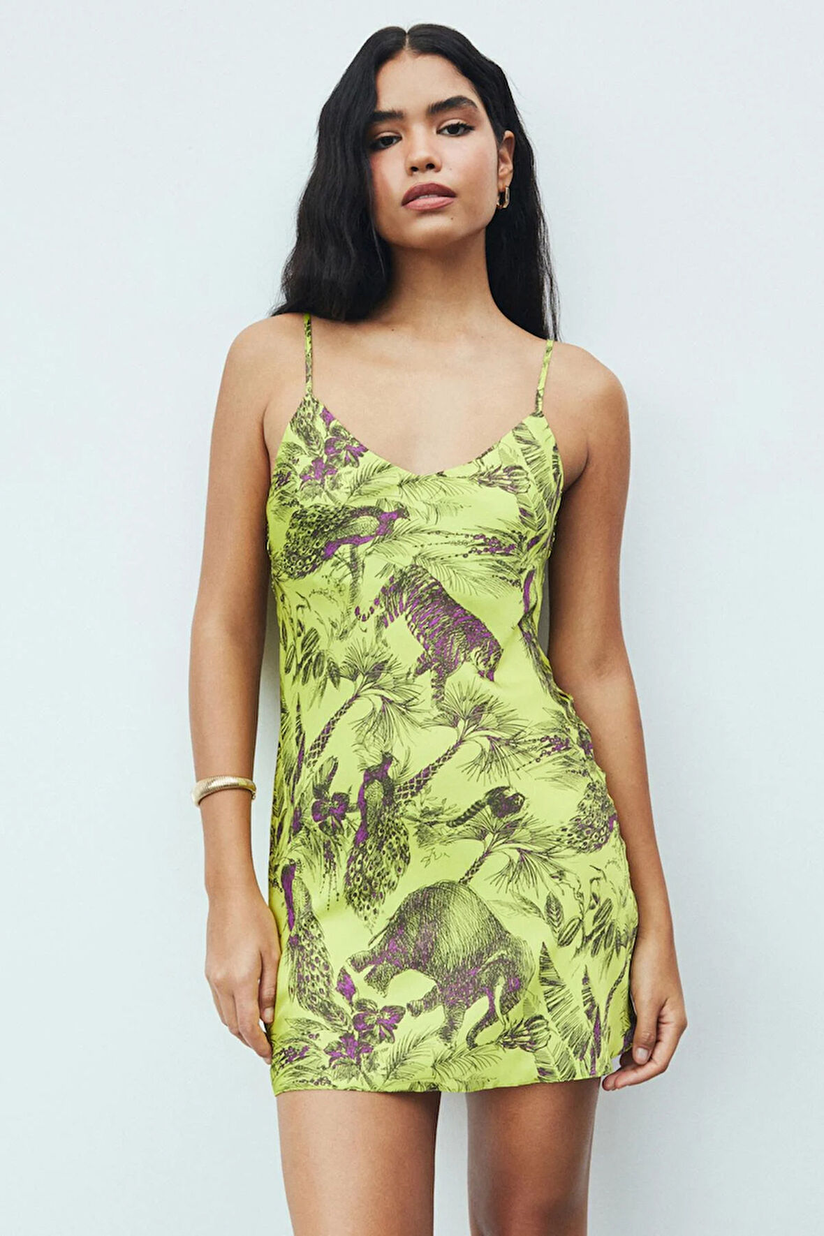 Cendre Jardin Desenli V Yaka Askılı Kısa Saten Gecelik