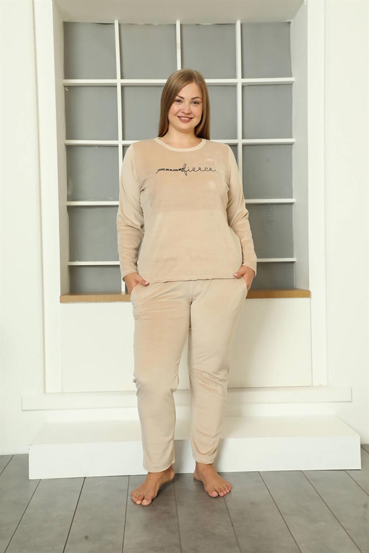 Akbeniz Büyük Beden Kadın Kadife Pijama Takım 9073