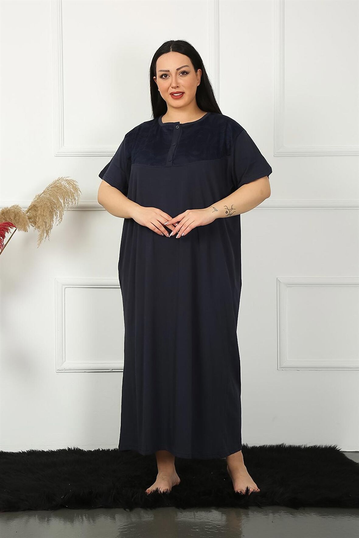 Akbeniz Big Dantelli Kısa Kol Lacivert Anne Gecelik 1348