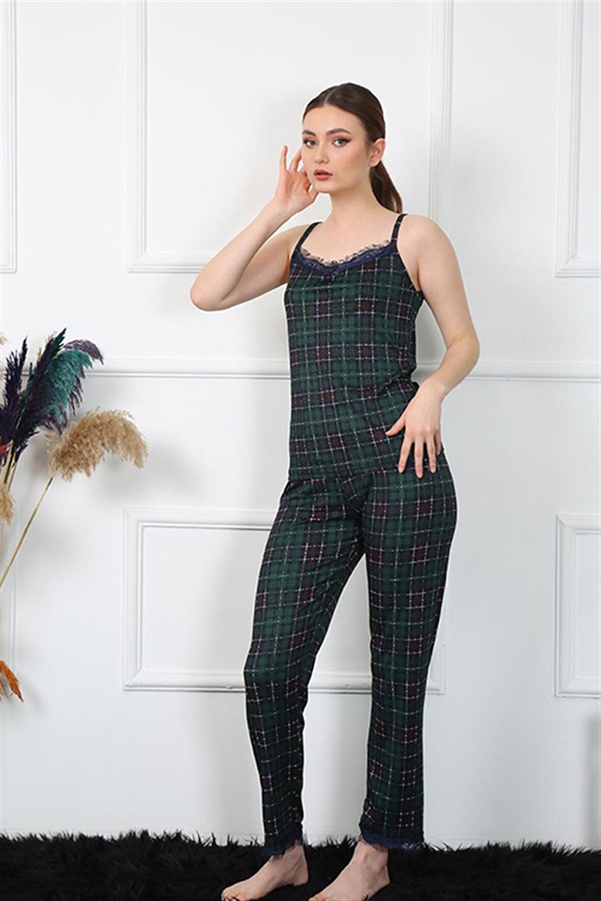 Akbeniz Kadın İp Askılı Yeşil Ekoseli Pijama Takım 4135