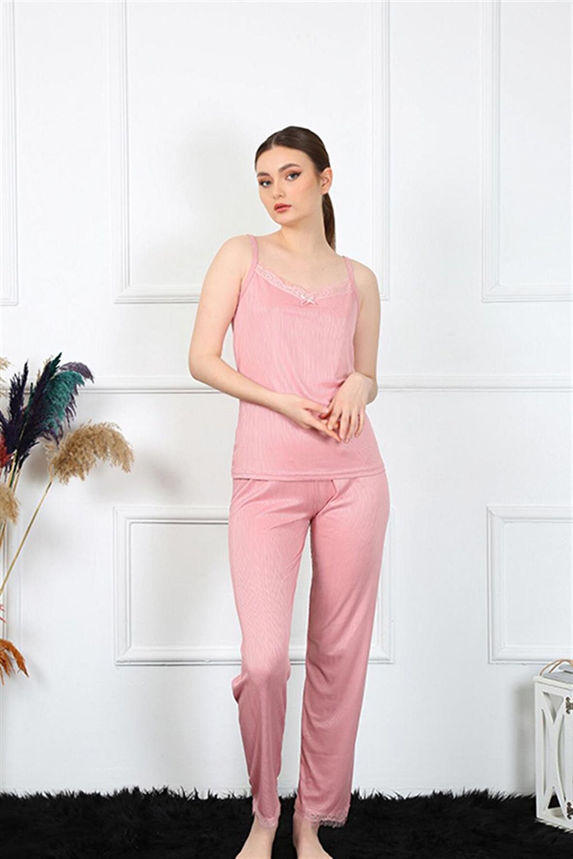 Akbeniz Kadın İp Askılı Somon Pijama Takım 4136