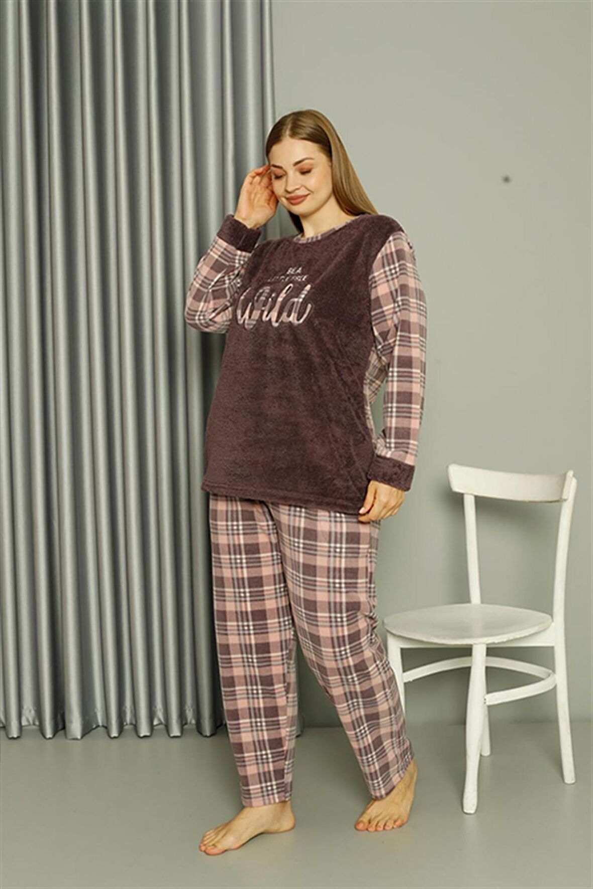 Akbeniz Welsoft Polar Kadın Büyük Beden Vizon Pijama Takımı 808040