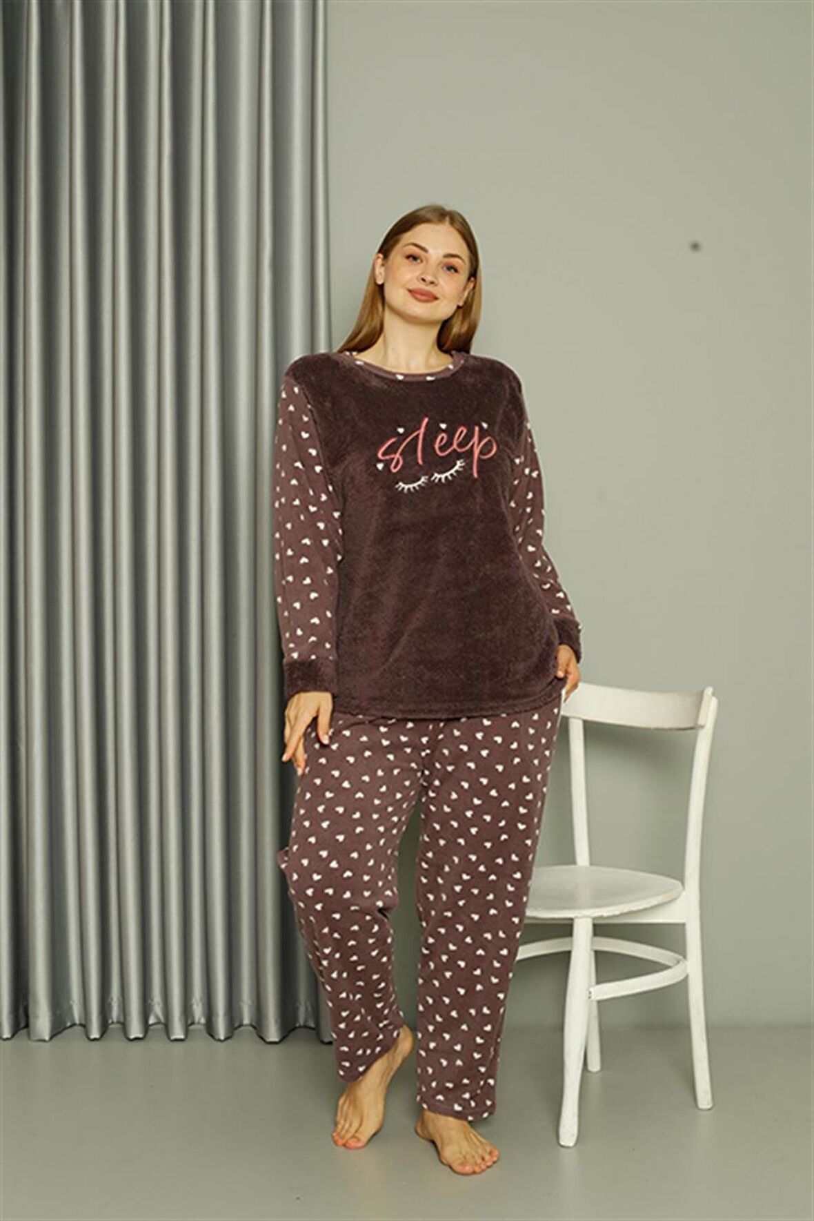 Akbeniz Welsoft Polar Kadın Büyük Beden Vizon Pijama Takımı 808046