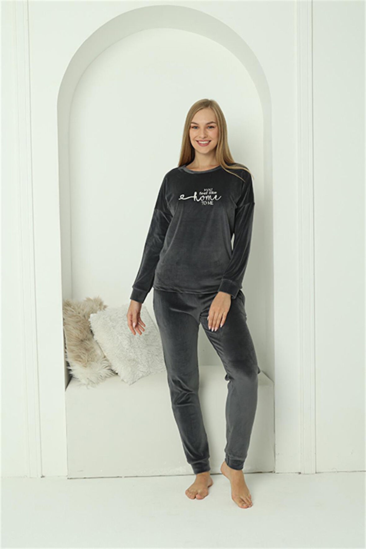 Akbeniz Kadın Kadife Füme Pijama Takım 20624