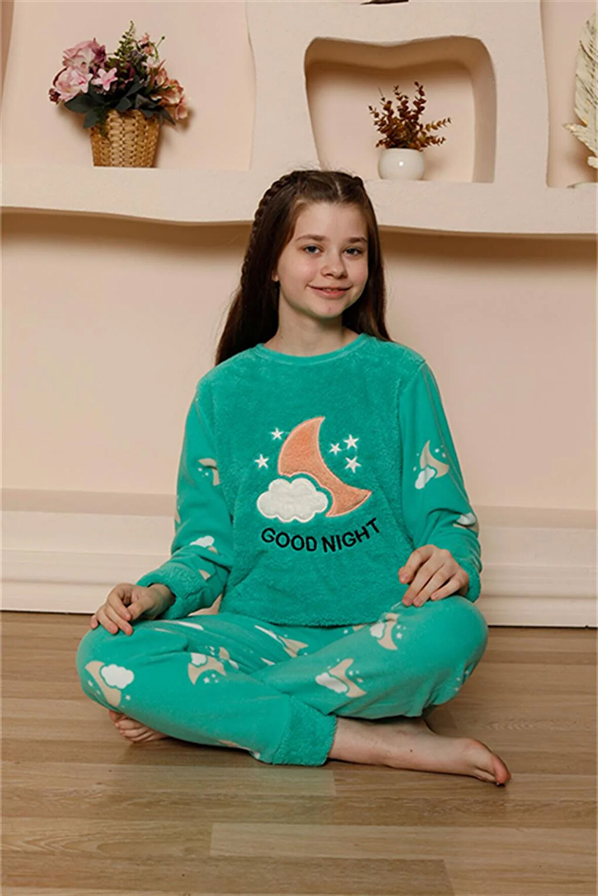 Akbeniz Kız Çocuk WelSoft Polar Yeşil Pijama Takımı 20526