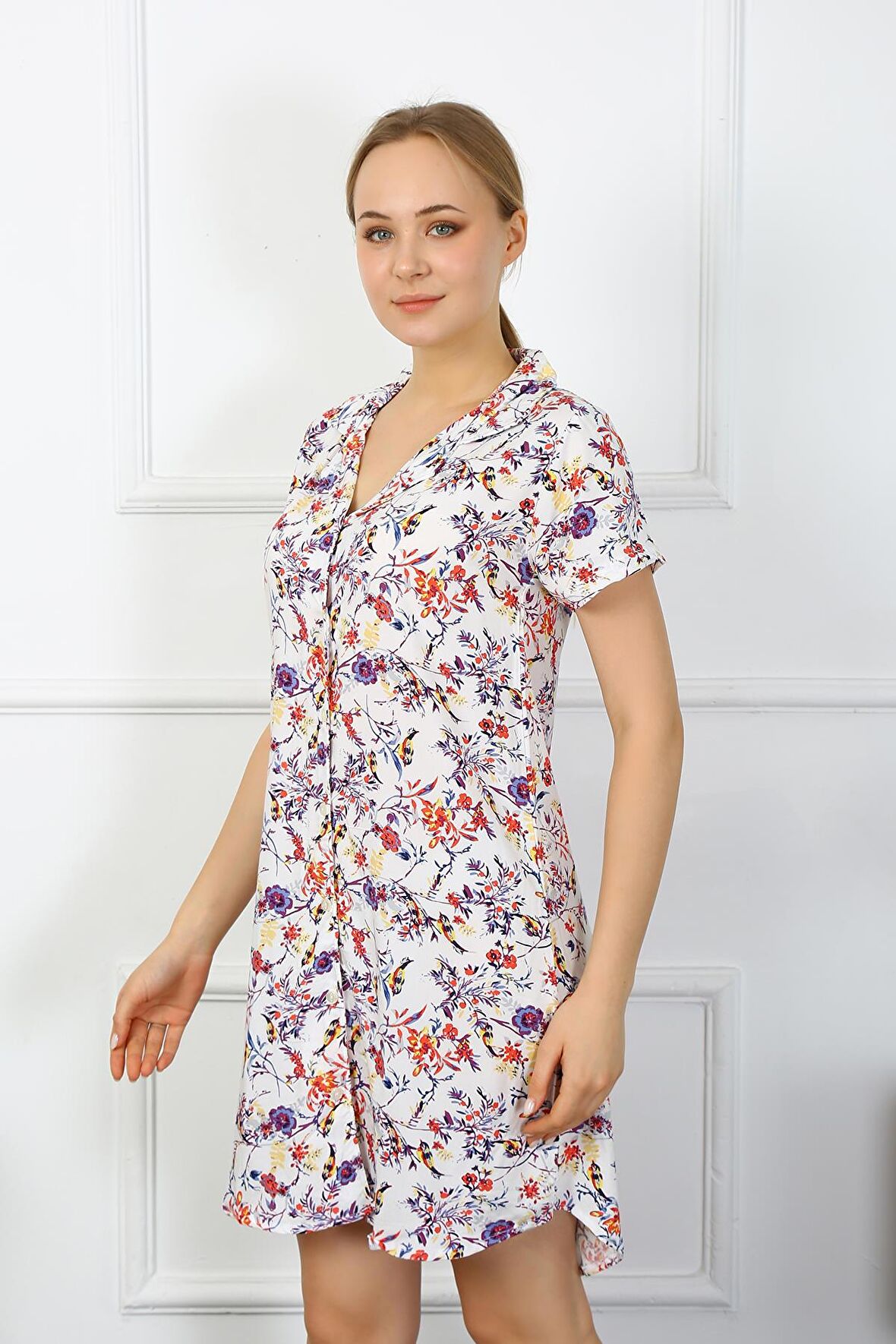 Akbeniz Kadın Penye Kısa Kol Düğmeli Ekru Tunik Gecelik 13104