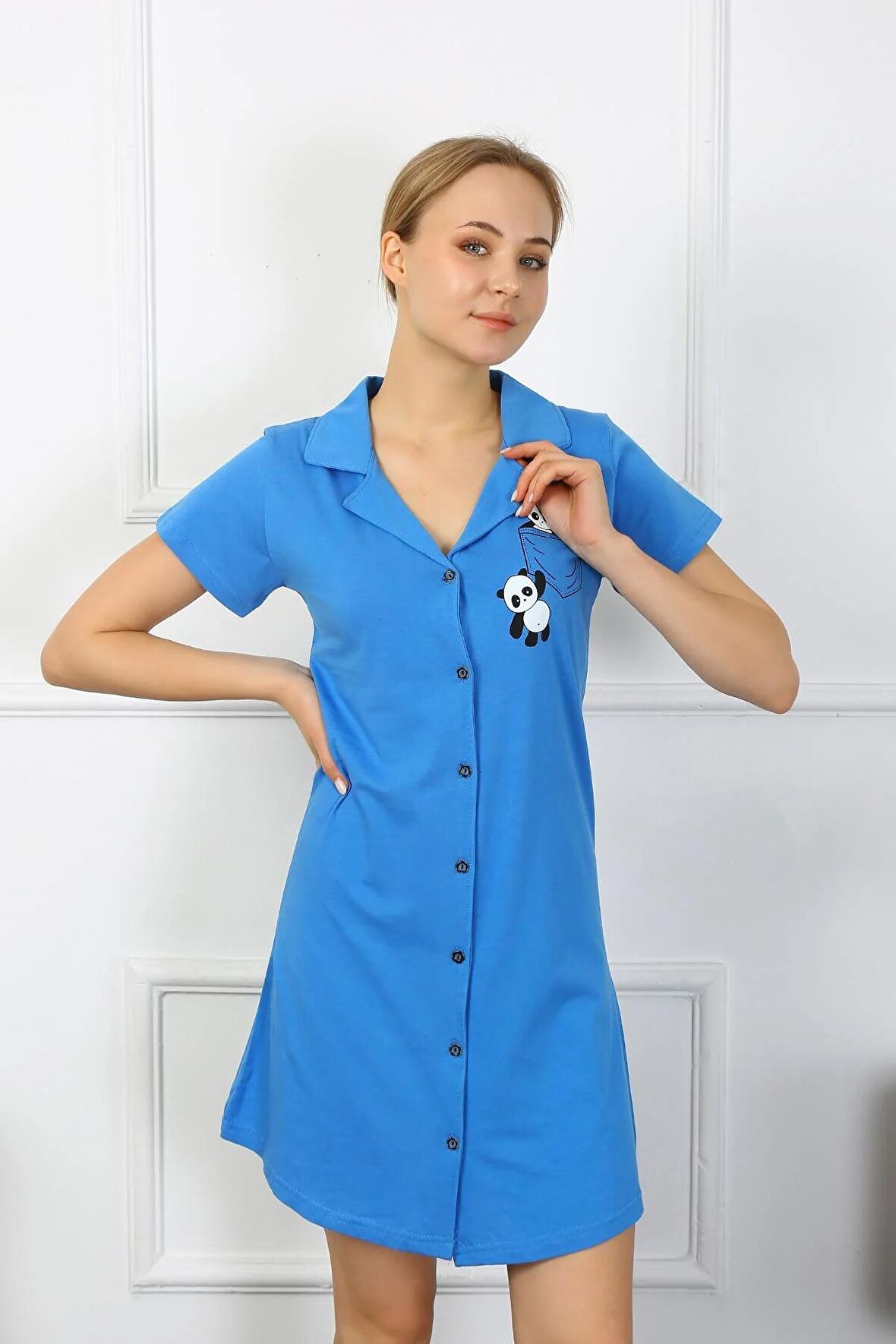 Akbeniz Kadın Pamuk Penye Kısa Kol Düğmeli Mavi Tunik Gecelik 13109