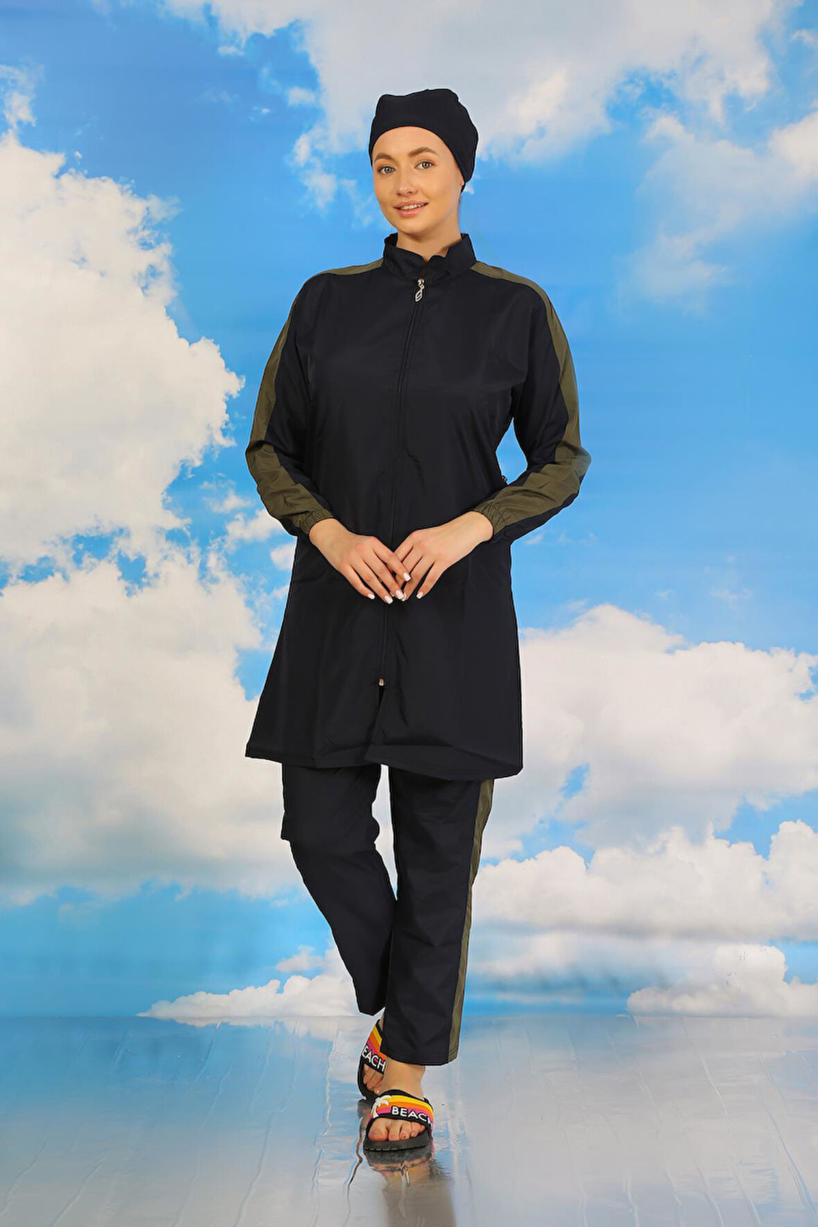 Akbeniz Kadın Pantolonlu Kolu Şeritli Tam Tesettür Mayo Lacivert 31065