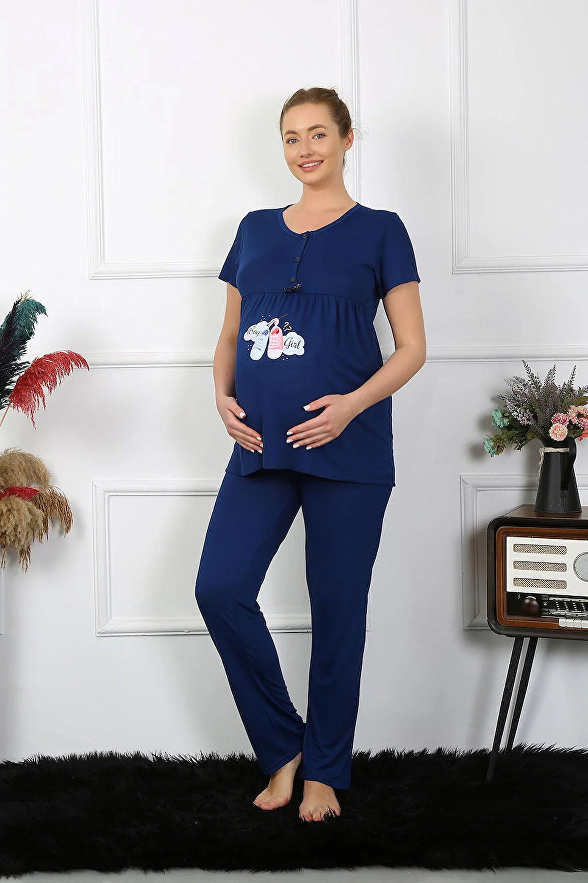 Akbeniz Kadın Kısa Kol Hamile Lohusa Pijama Takımı Lacivert 45210