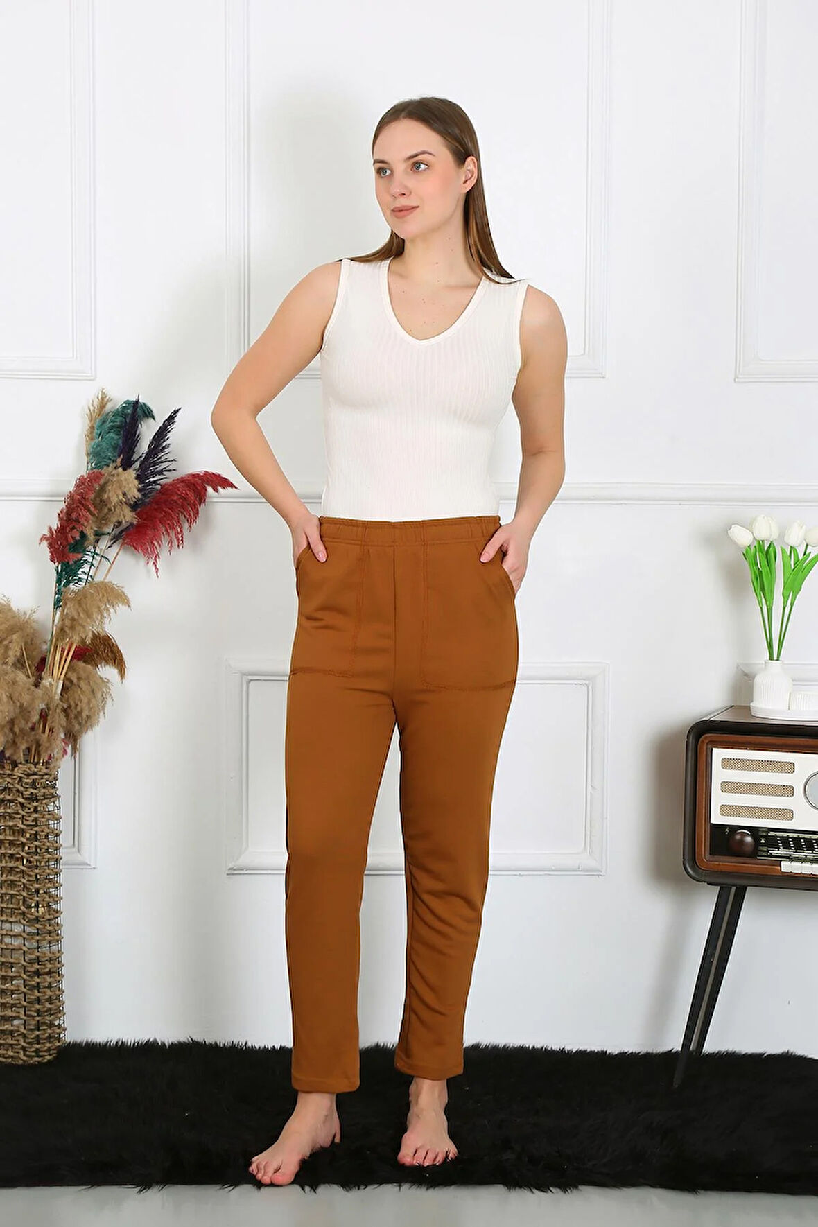 Akbeniz Kadın Pamuk Cepli 3 İplik Alt Eşofman Kahve 27510