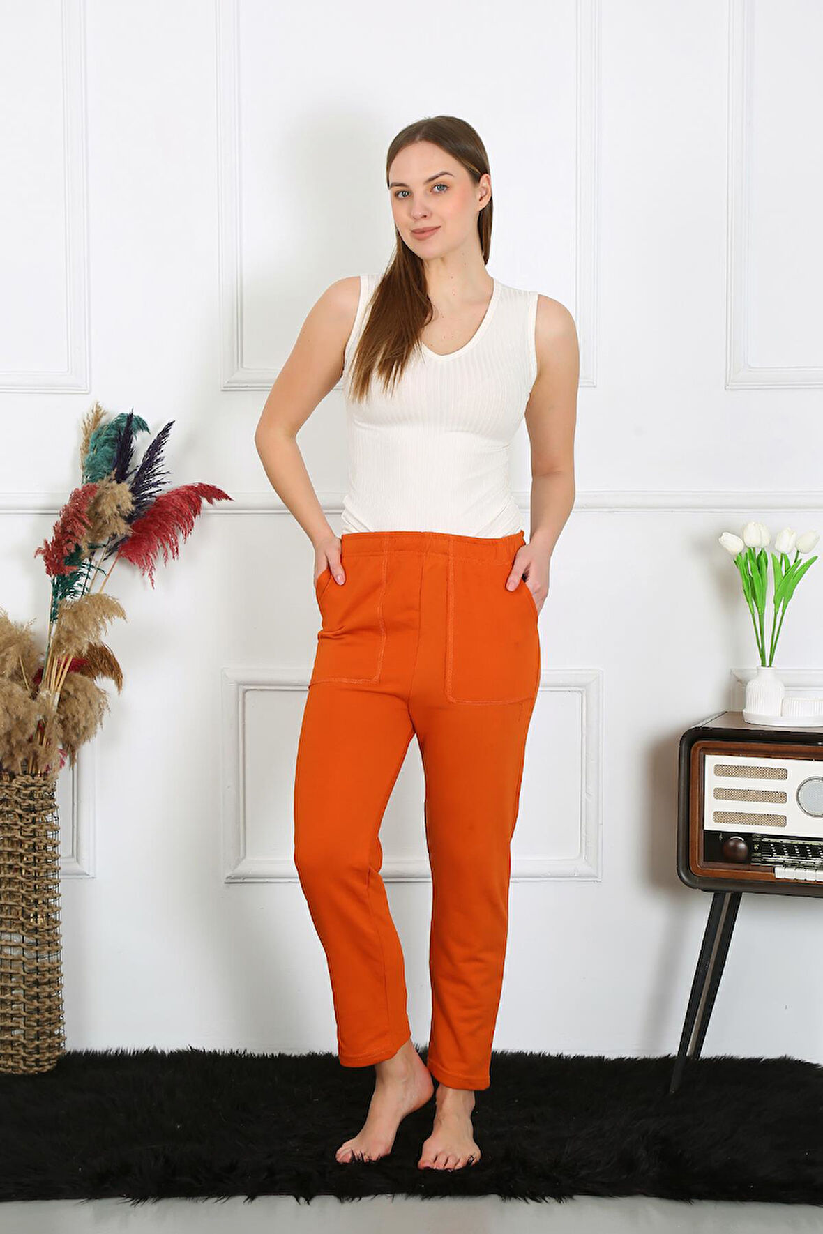 Akbeniz Kadın Pamuk Cepli 3 İplik Alt Eşofman Kremit 27510