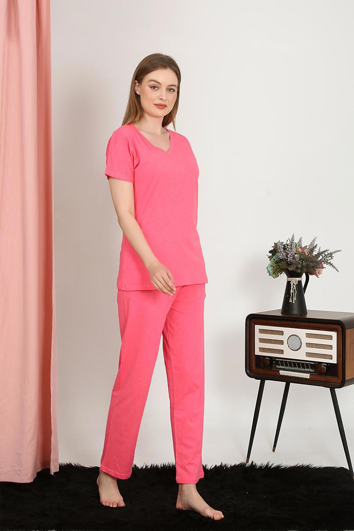 Akbeniz Kadın Kısa Kol Pamuk Penye Pijama Takım Fuşya 4213