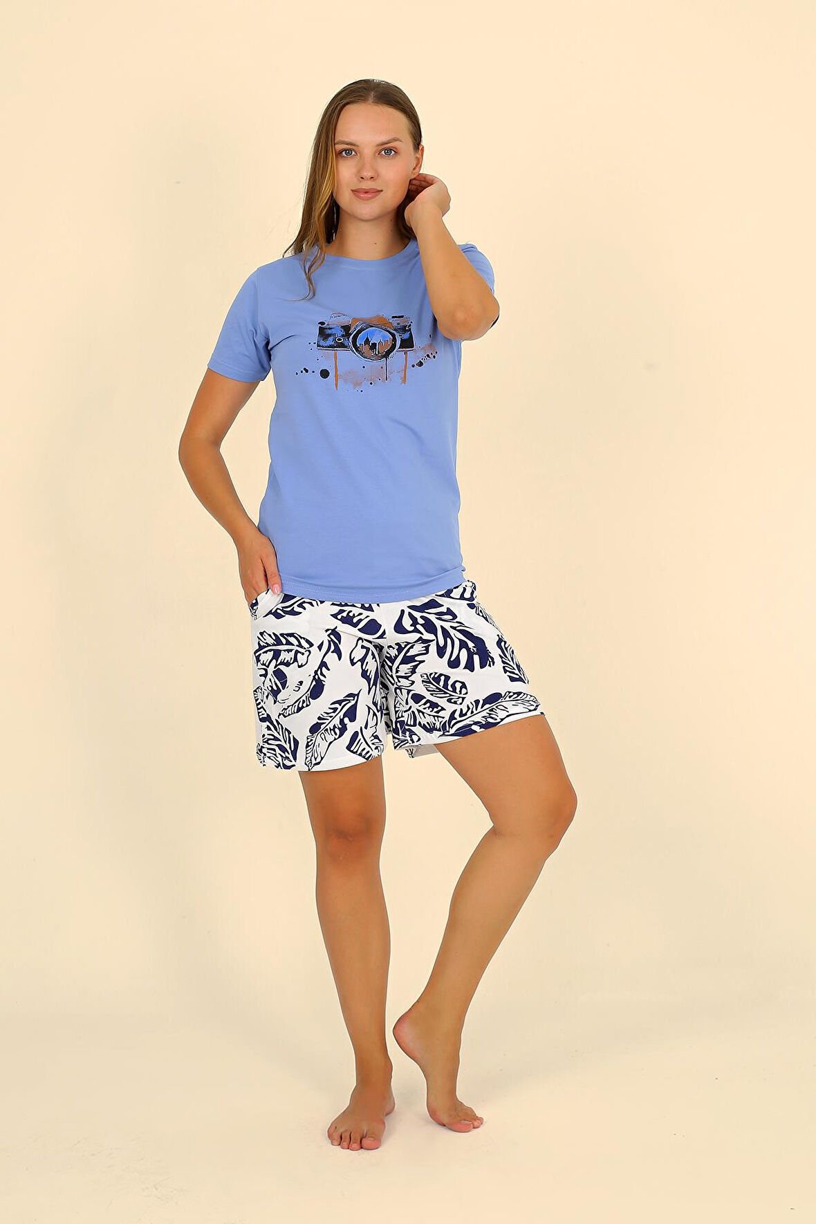 Akbeniz Kadın Şortlu Kısa Kol Penye Pijama Takımı Mavi 3622
