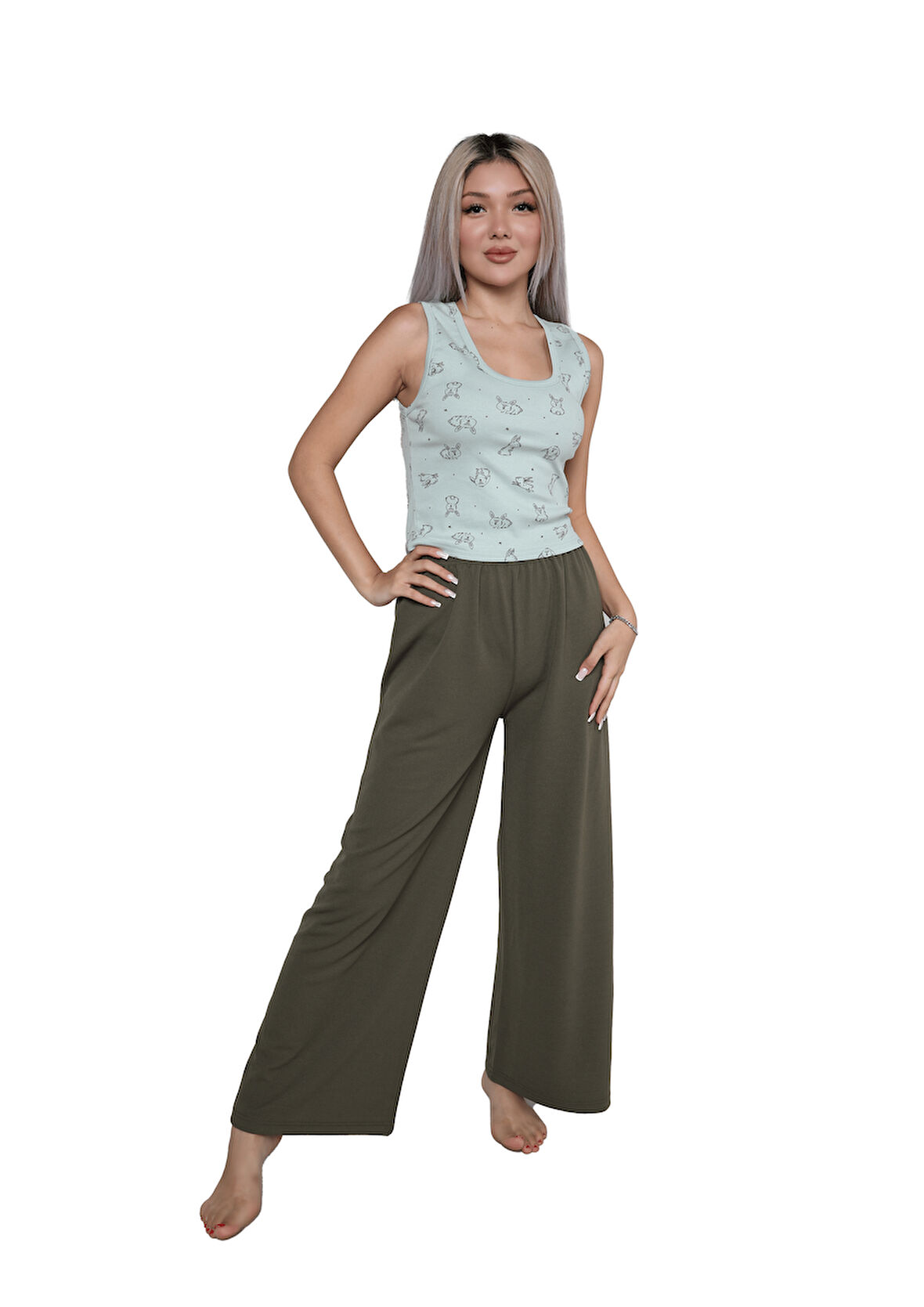 Akbeniz Kadın Kalın Askılı Body Bol Paça Pantolon 2`li Takım Su Yeşili 4217
