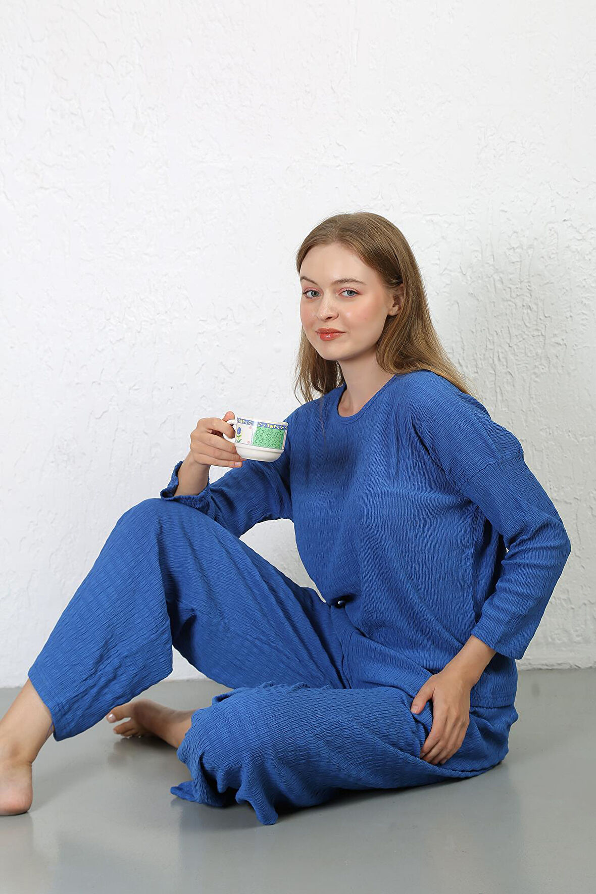 Akbeniz Kadın Bürümcük Kumaş Pijama Takım Saks 4233