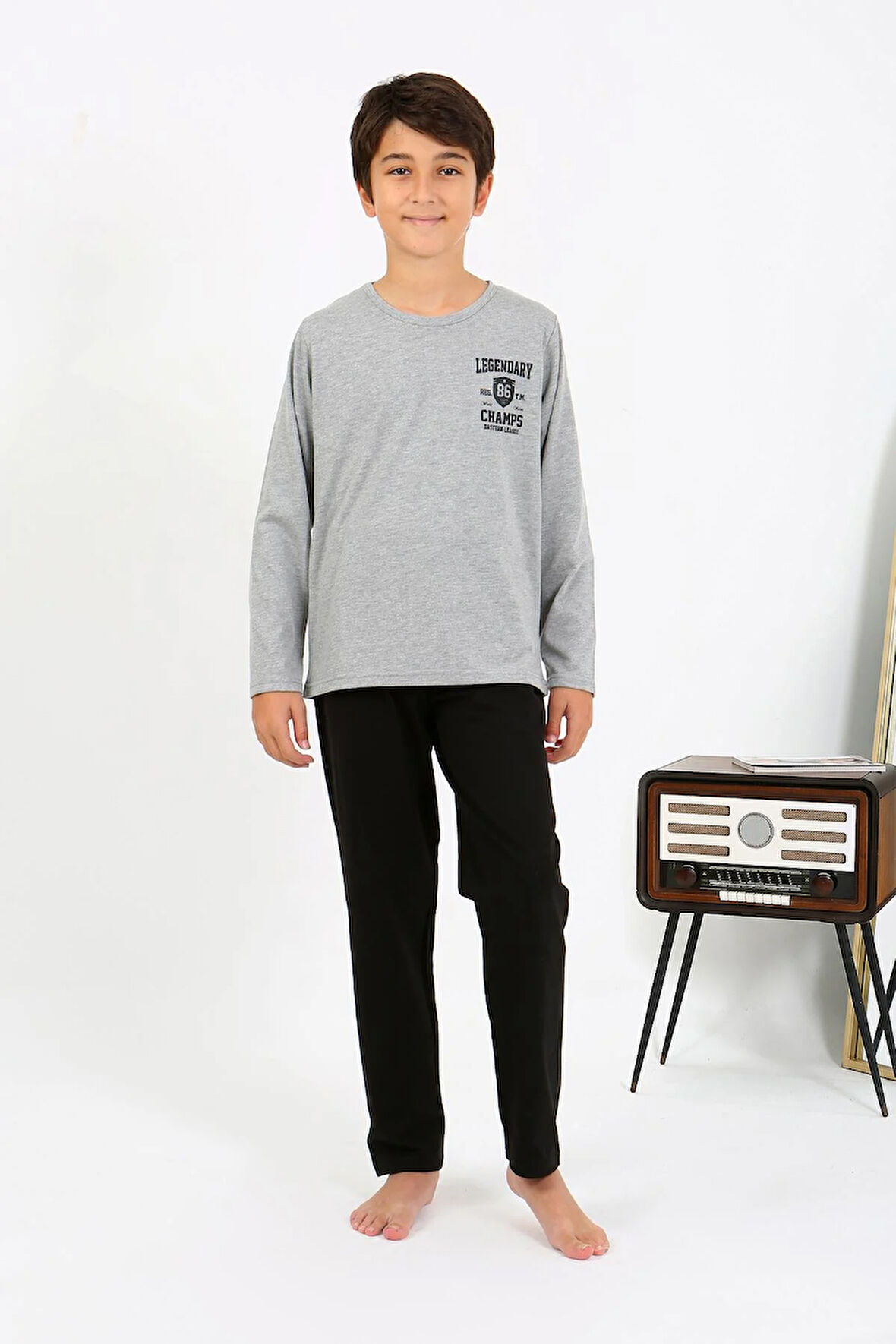 Akbeniz Erkek Çocuk Uzun Kol Penye Pijama Takım 20437 Gri