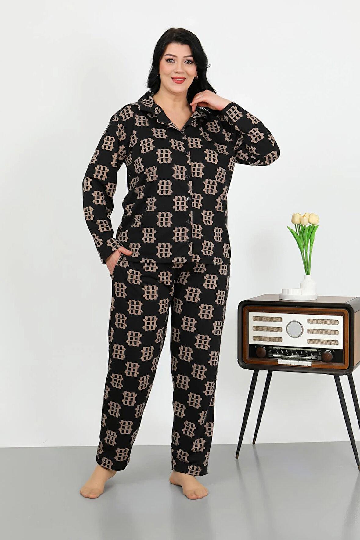 Akbeniz Kadın Büyük Beden Pamuklu Cepli Düğmeli Siyah Pijama Takım 202506
