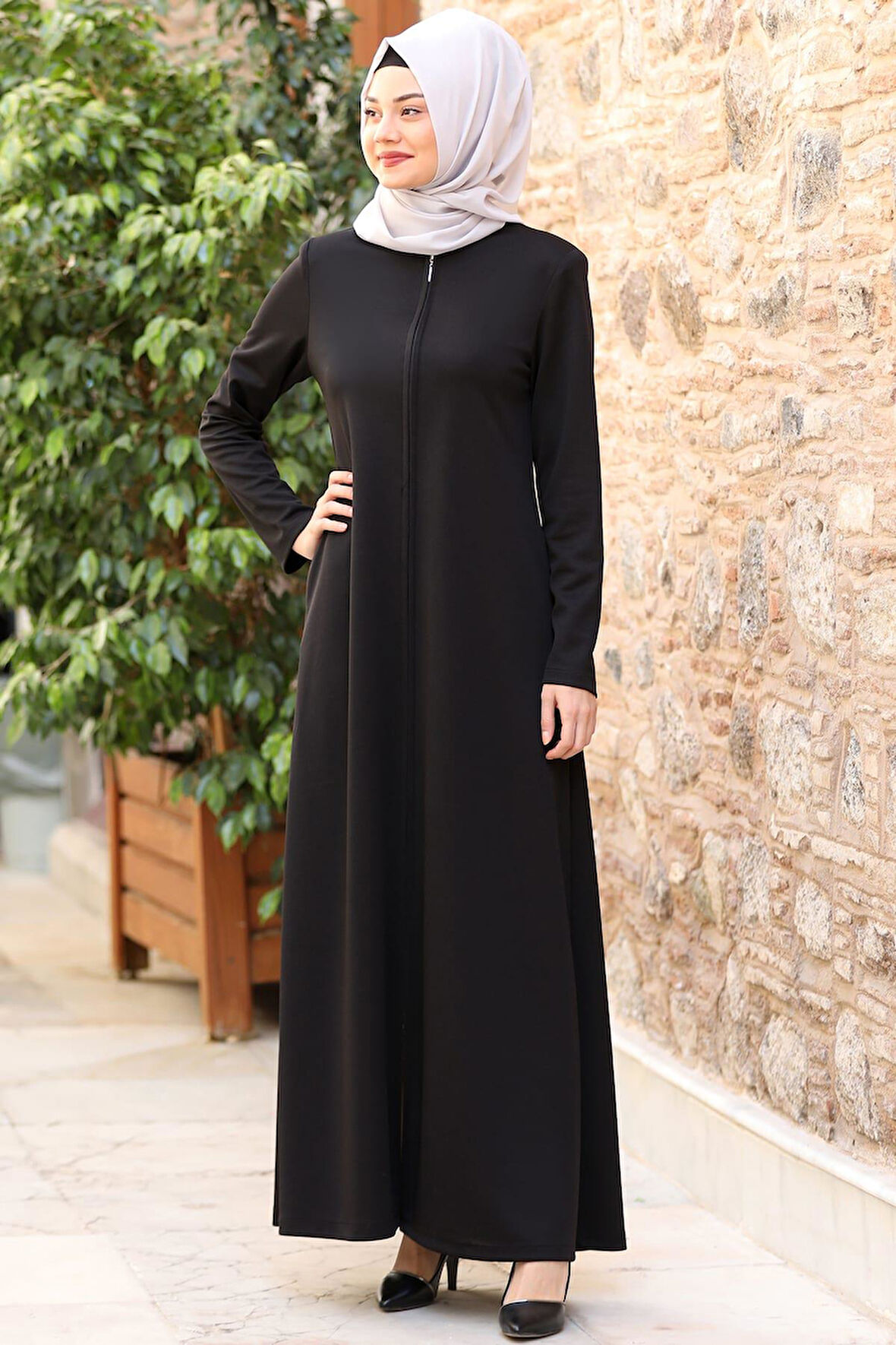 Nisa Fermuarlı Ferace Siyah