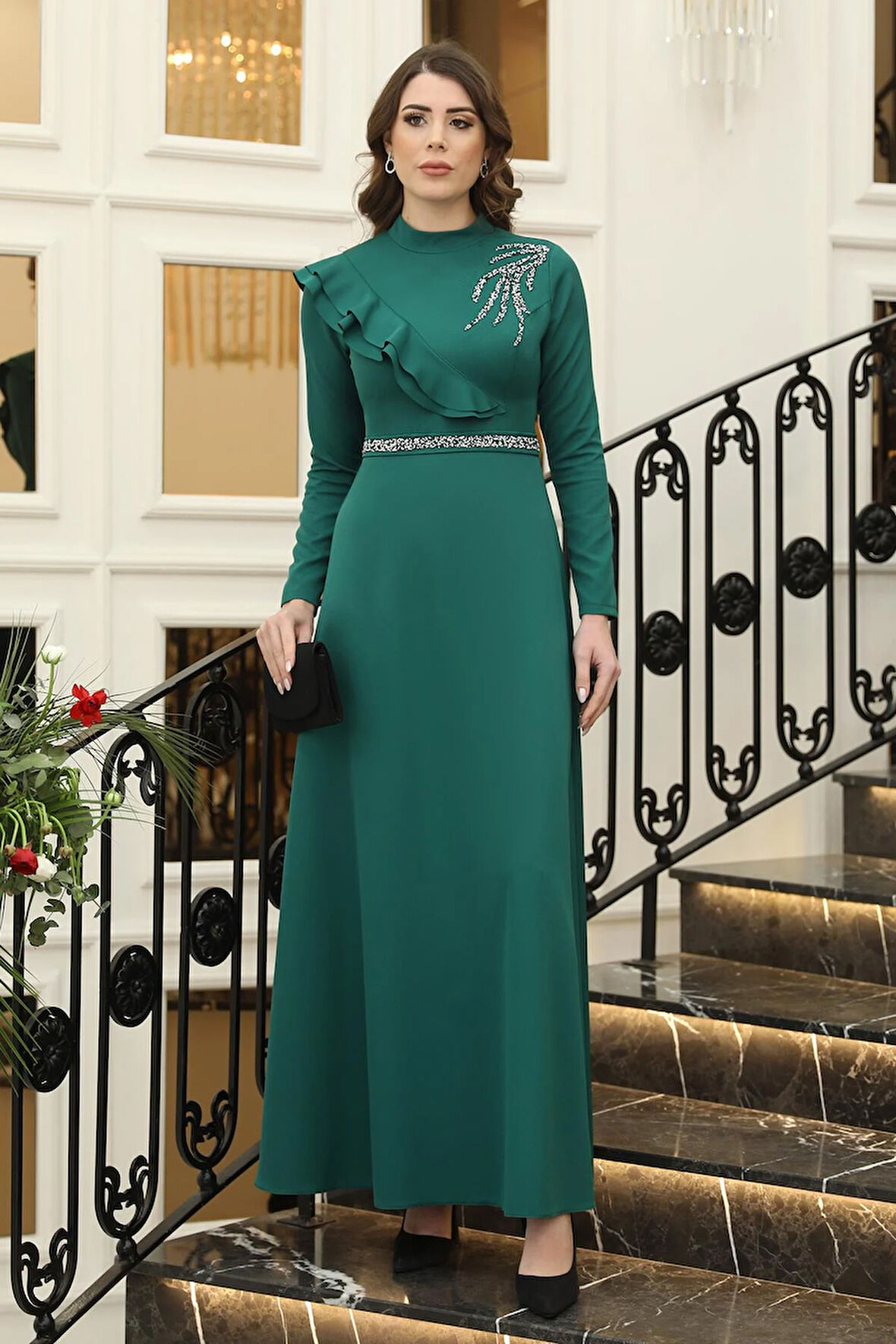 Elif Taşlı Tesettür Elbise Zümrüt