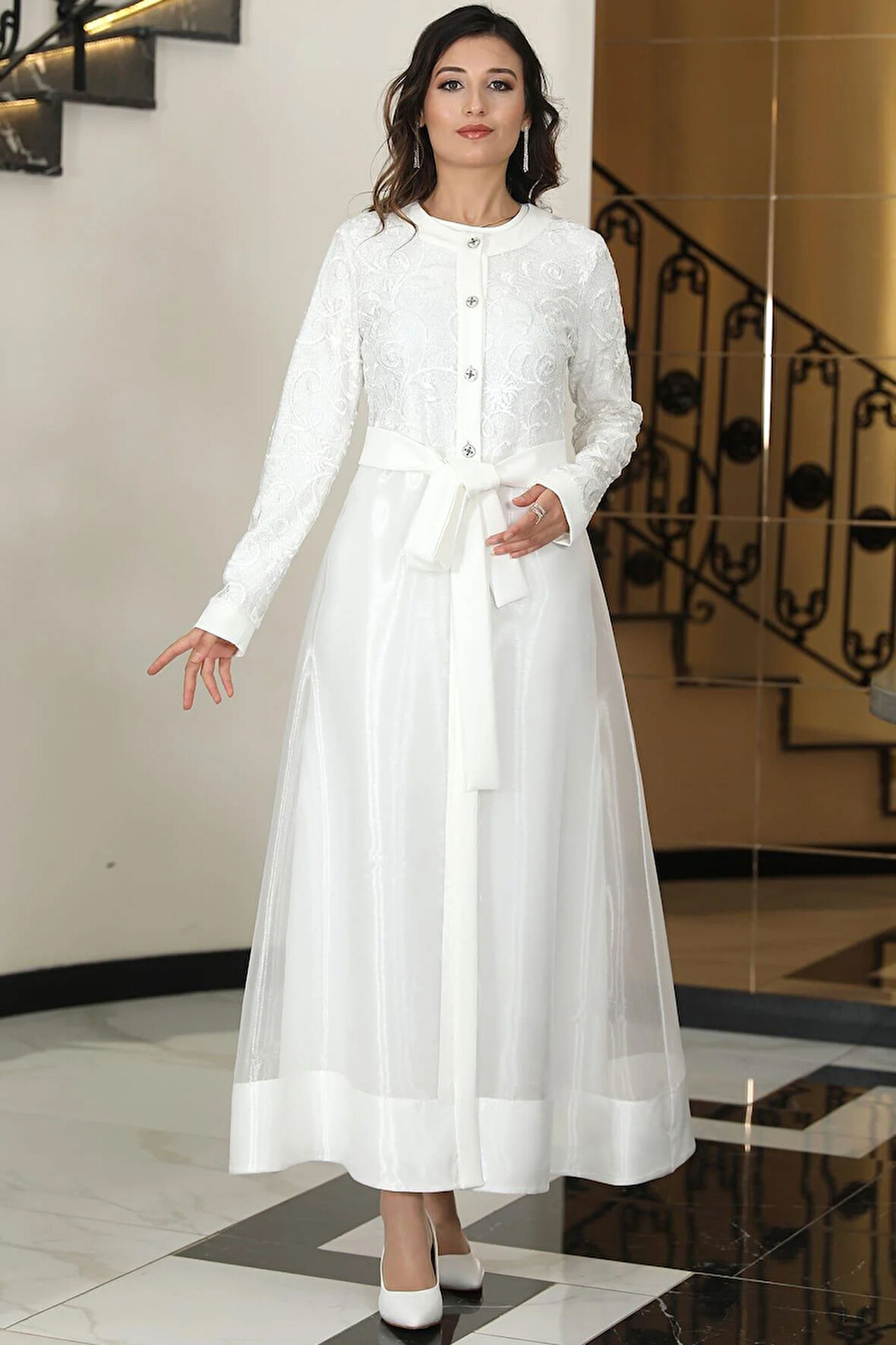 Orkide İkili Abaya Elbise Takım Beyaz