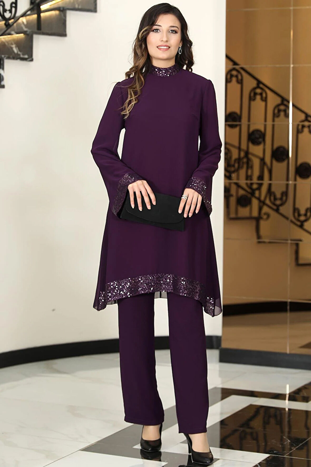 Umay Şifon Tunik Pantolon İkili Tesettür Takım Mürdüm