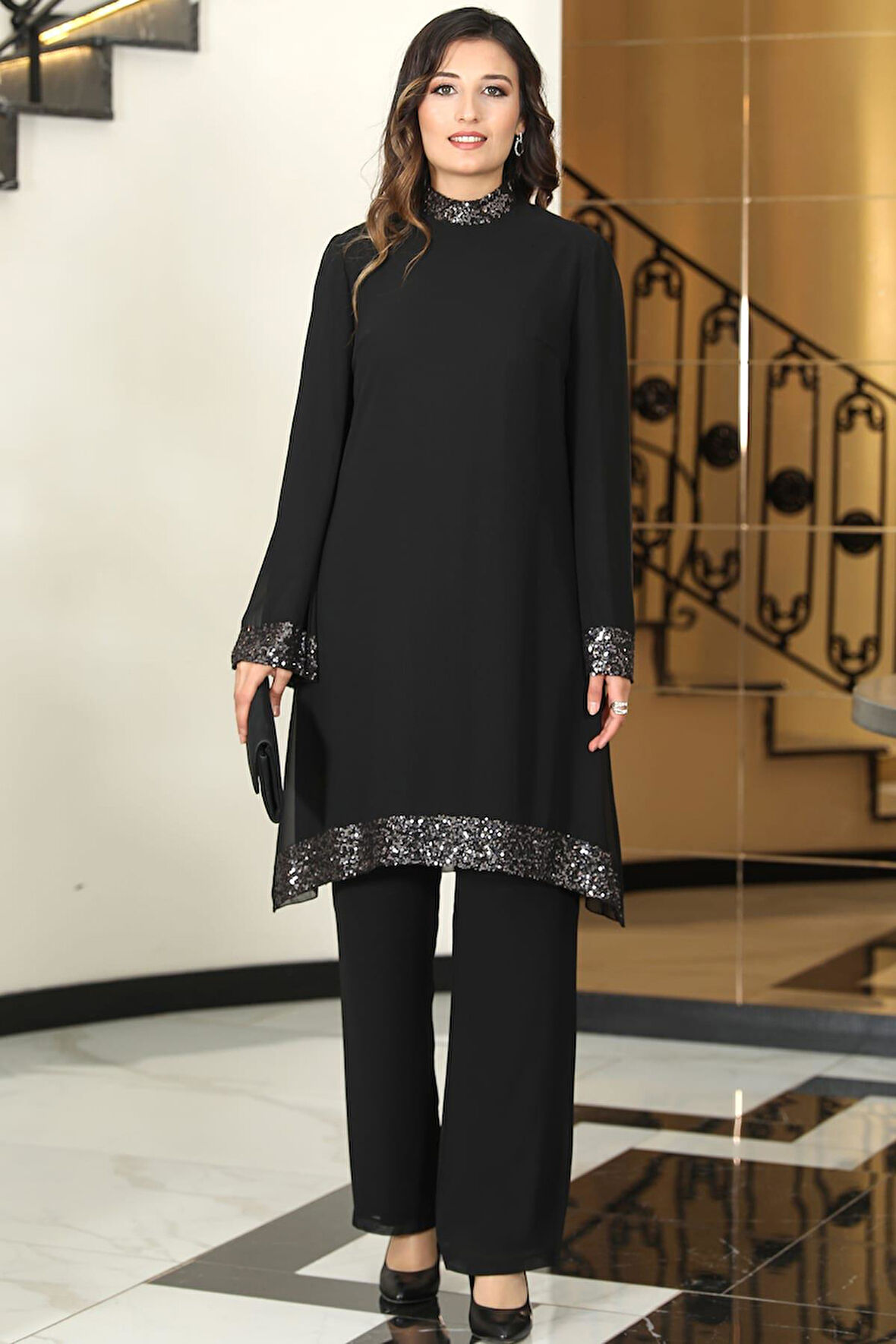 Umay Şifon Tunik Pantolon İkili Tesettür Takım Siyah