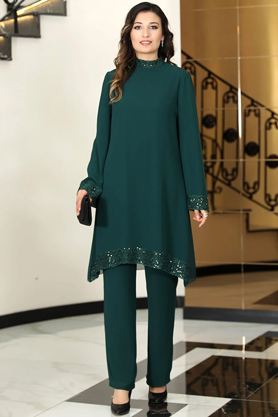 Umay Şifon Tunik Pantolon İkili Tesettür Takım Zümrüt