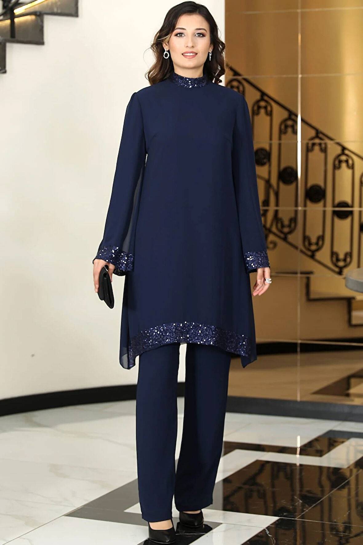 Umay Şifon Tunik Pantolon İkili Tesettür Takım Lacivert