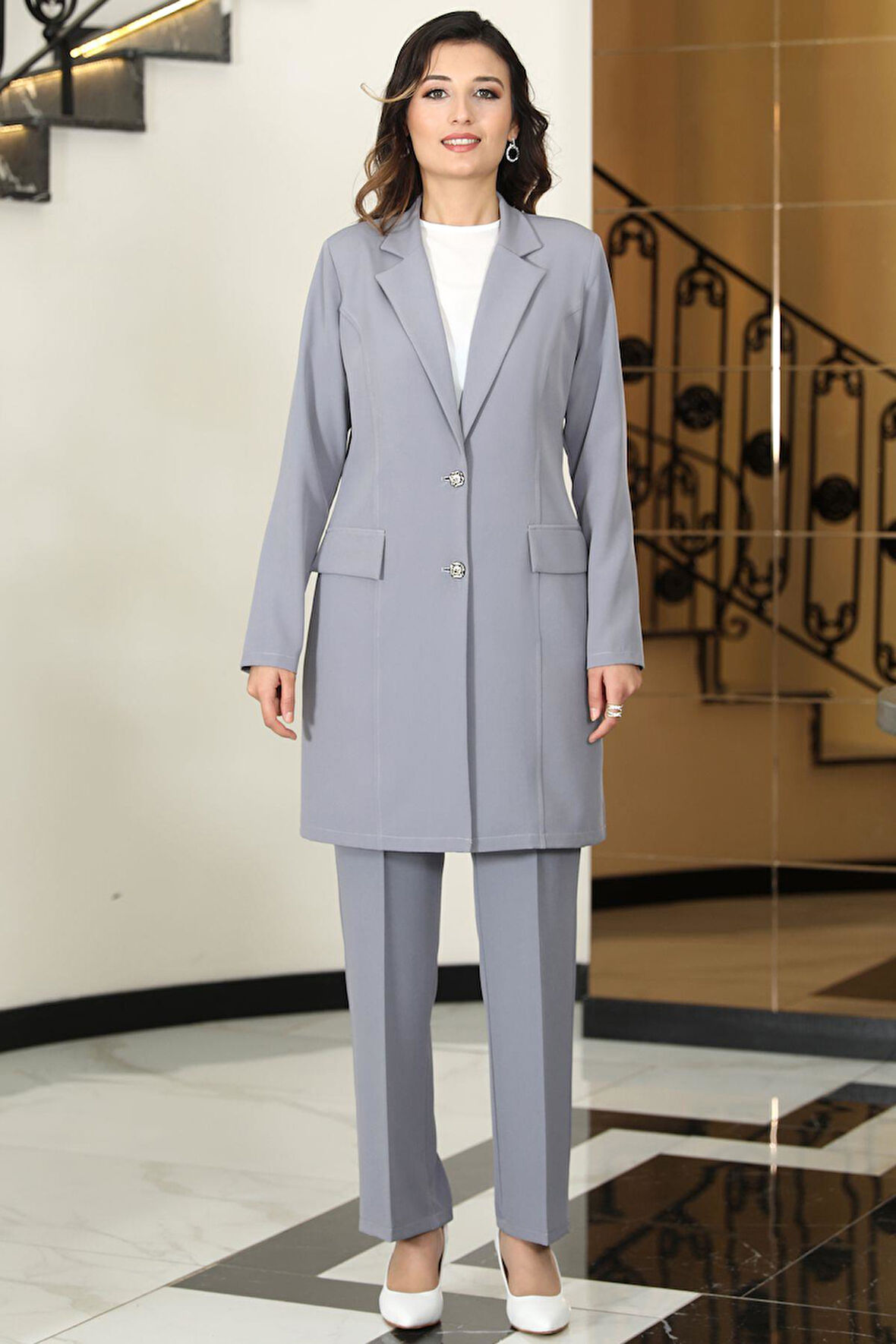 Parla Uzun Ceket Pantolon İkili Tesettür Takım Gri