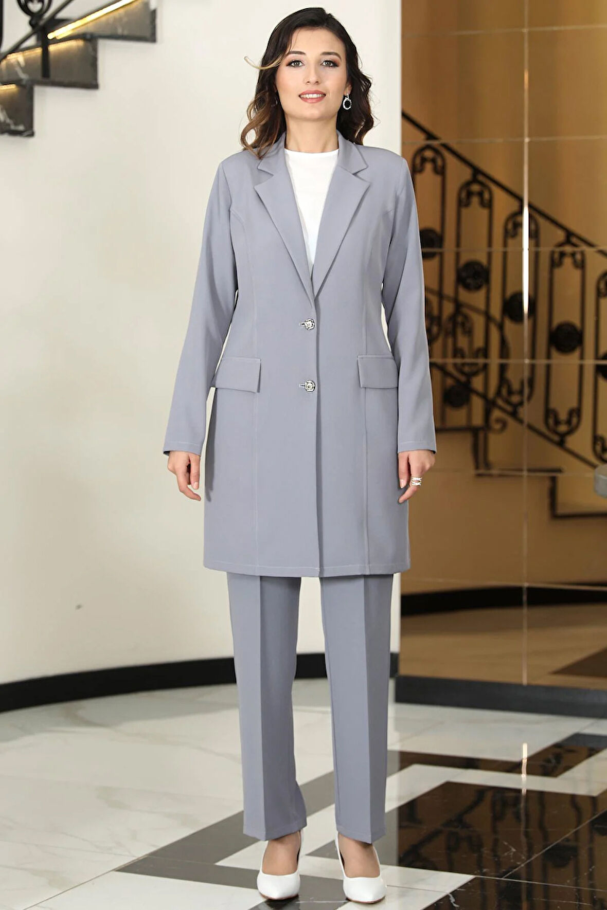 Parla Uzun Ceket Pantolon İkili Tesettür Takım Gri