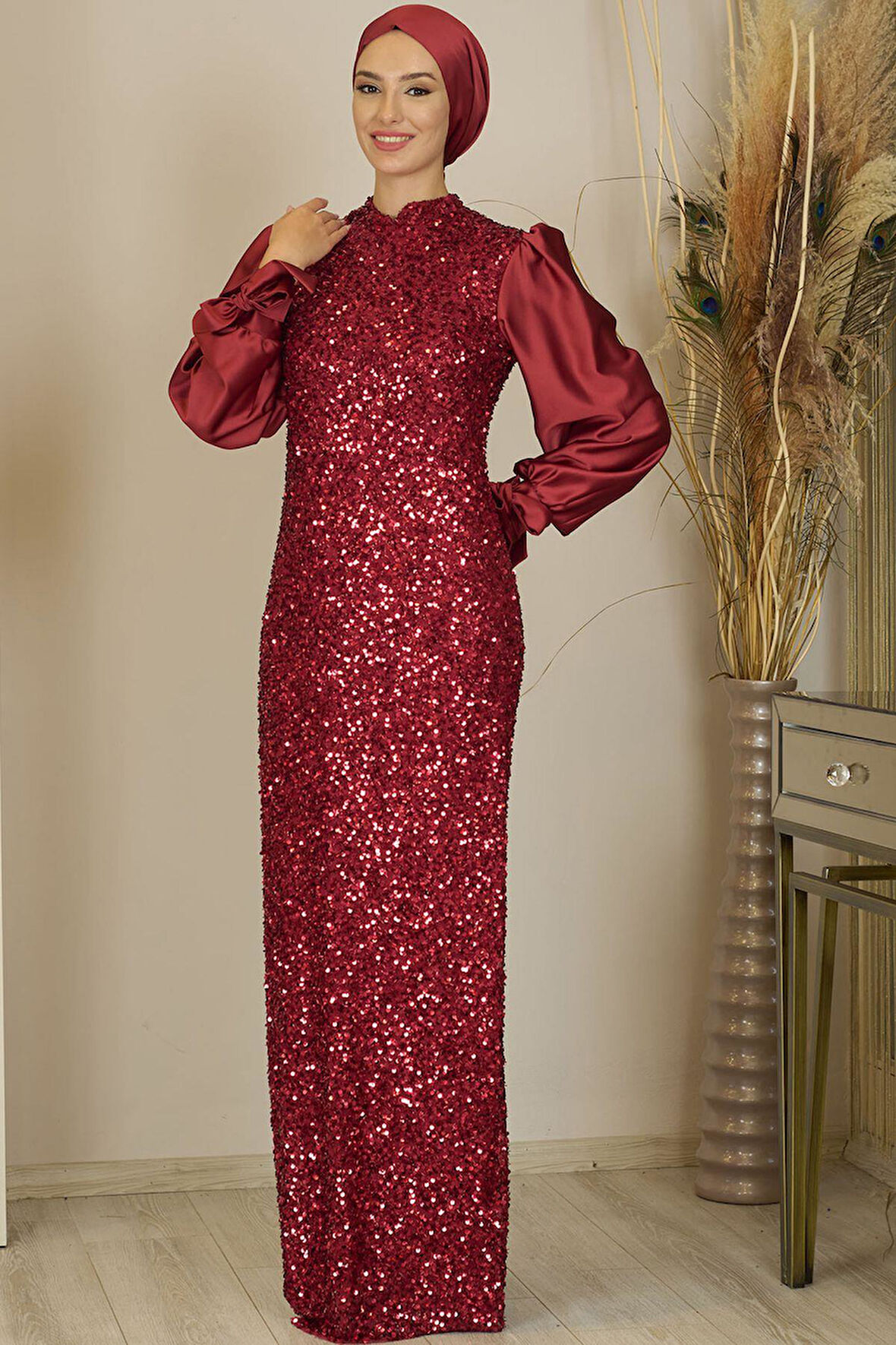 Balon Kollu Pul Payetli Azra Tesettür Abiye Bordo