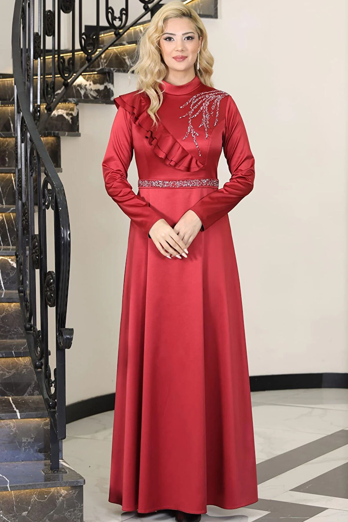 Ada Saten Taşlı Tesettür Abiye Bordo