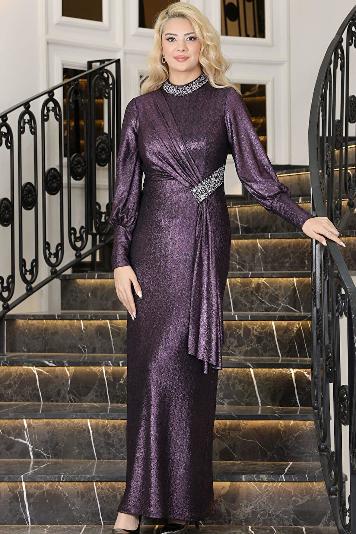 Açelya Sarkaçlı Taşlı Tesettür Abiye Mor