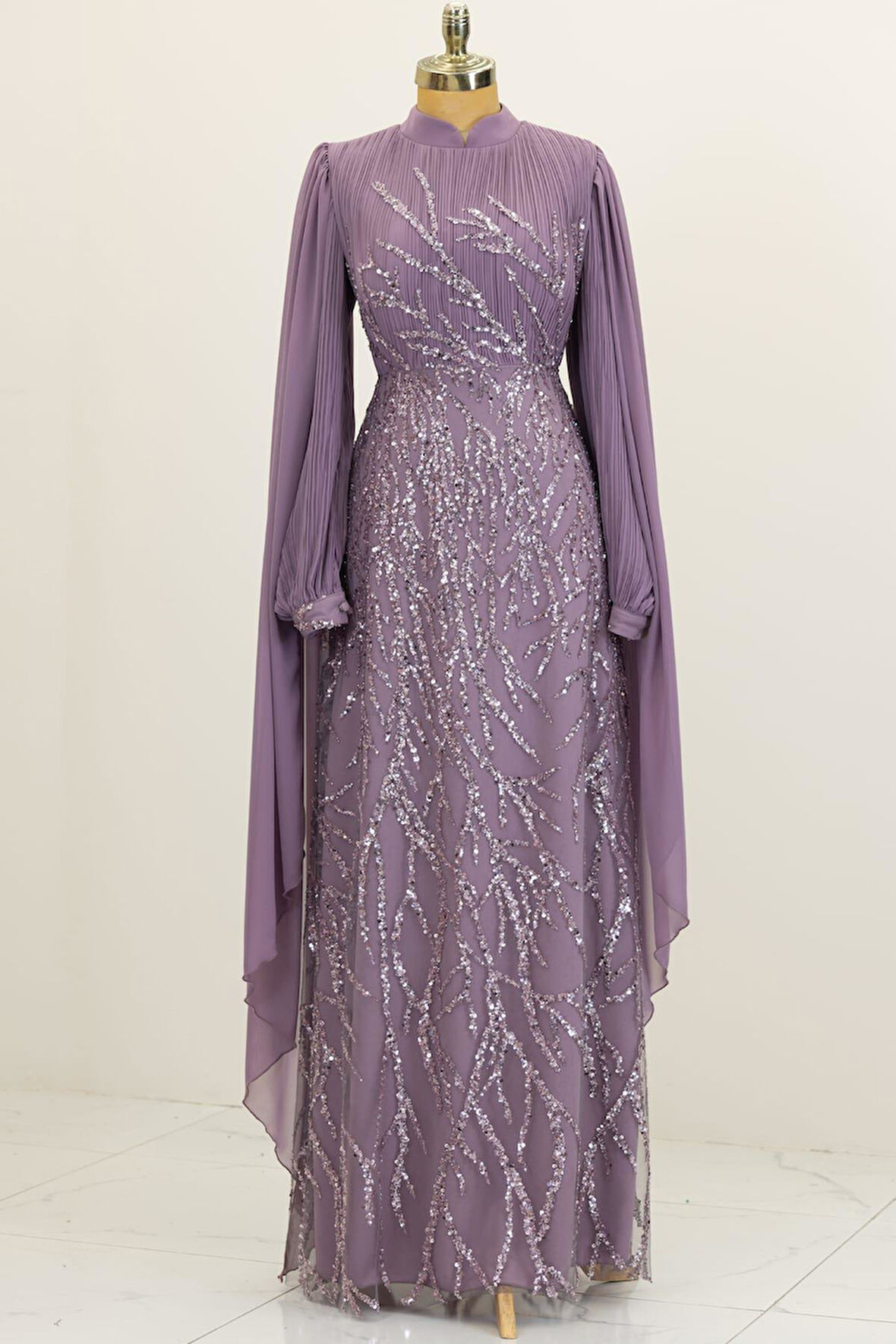 Kolları Pelerinli Ezgi Tesettür Abiye Lila