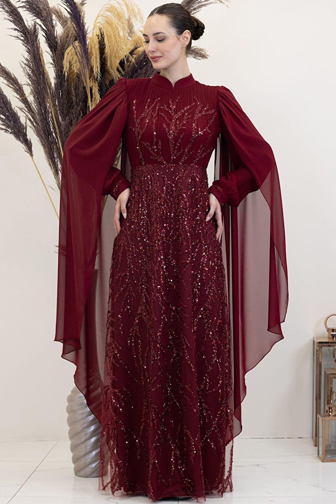 Kolları Pelerinli Ezgi Tesettür Abiye Bordo