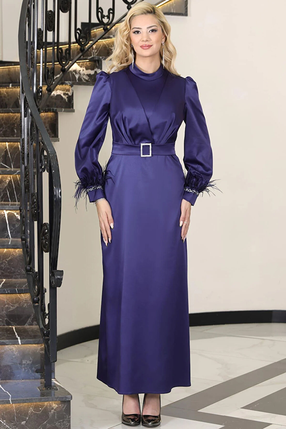 Lara Kemerli Saten Tesettür Abiye Lacivert