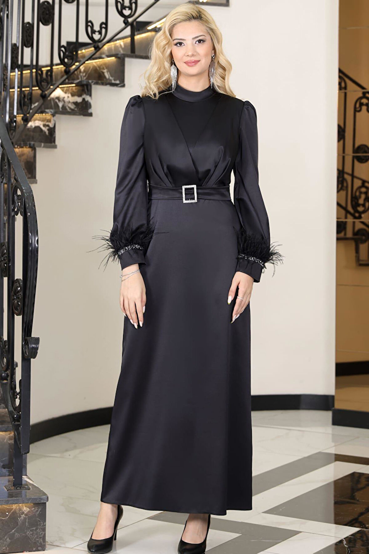 Lara Kemerli Saten Tesettür Abiye Siyah