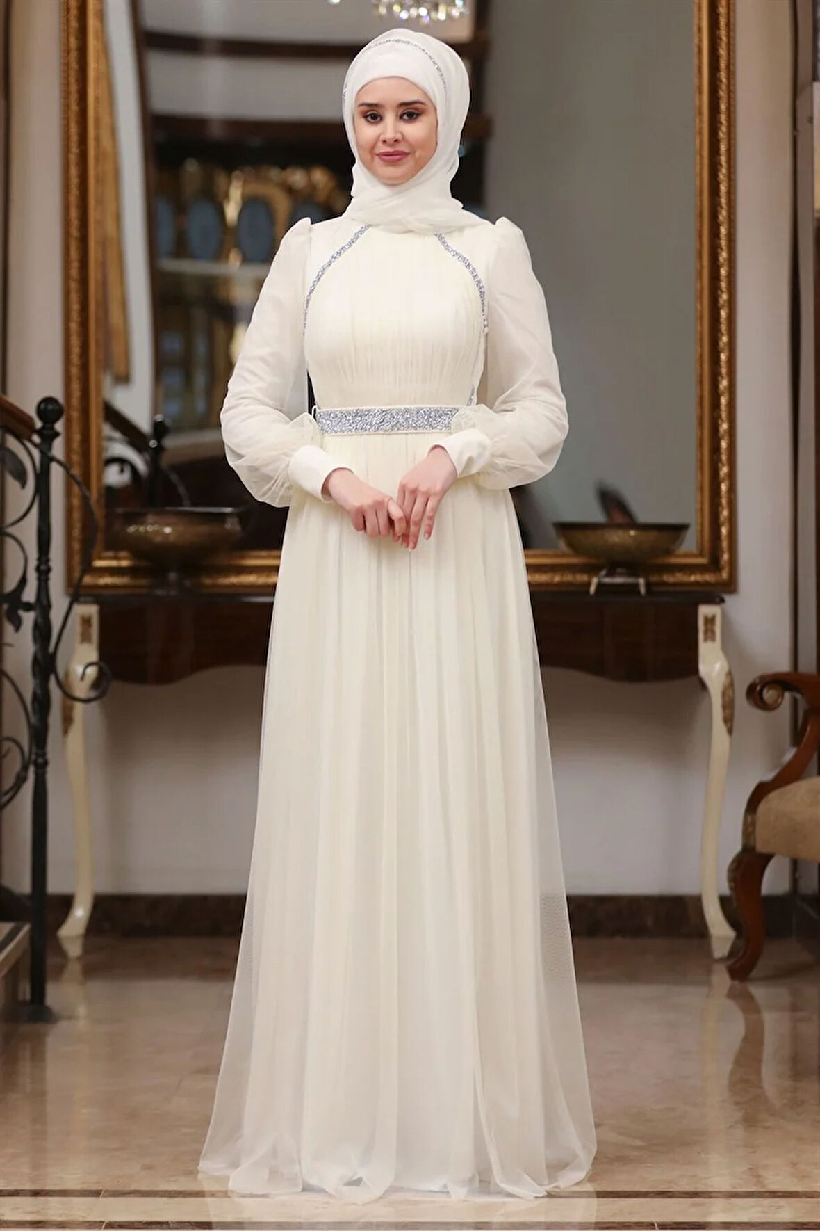 Efsane Tesettür Abiye Ekru