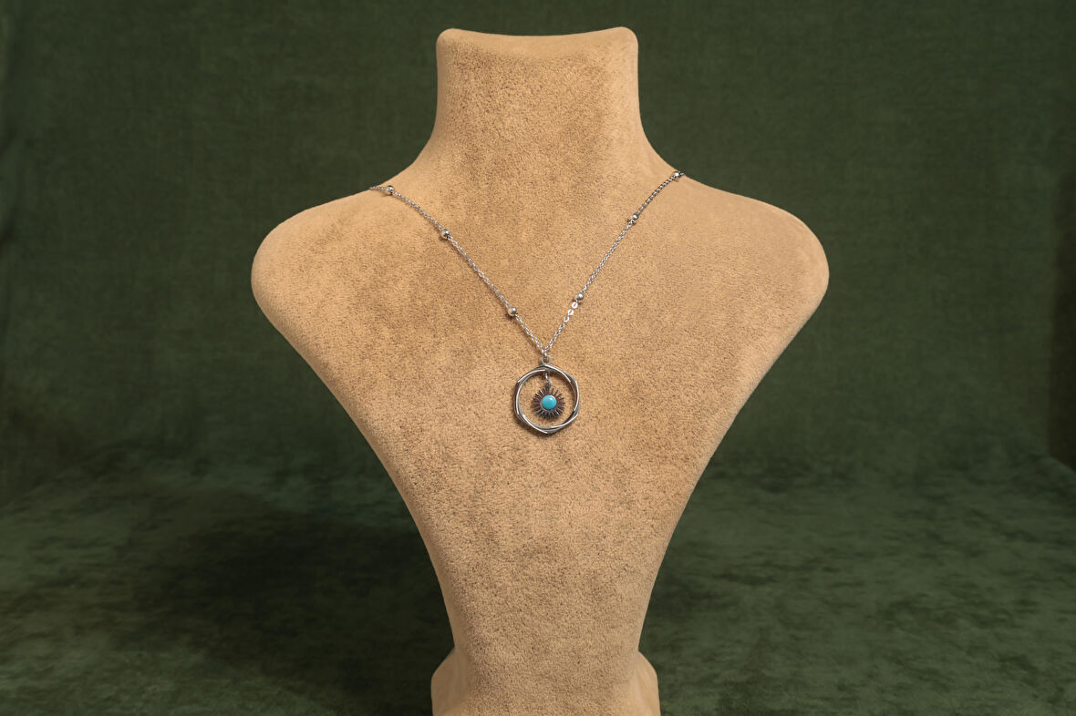 Turkuaz Taşlı Güneş Motifli Çelik Kolye 