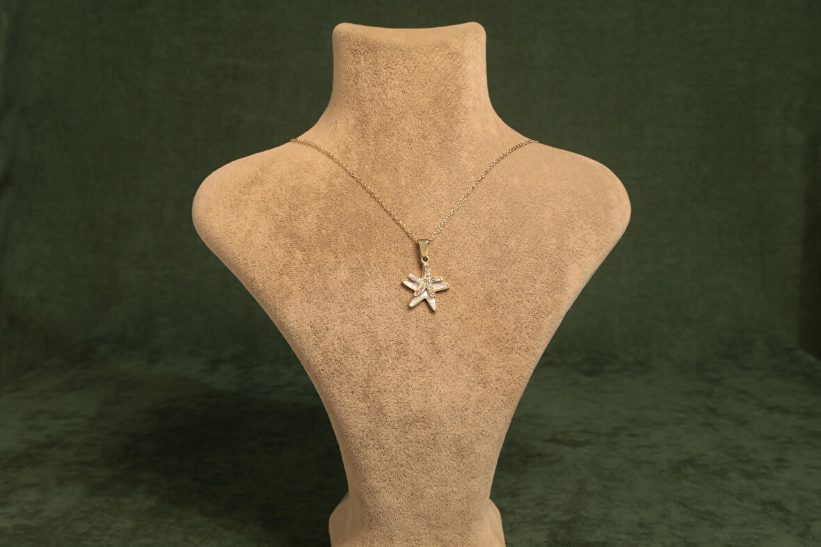 Altın Renkli Parlak Taşlı Yıldız Çelik Kolye 