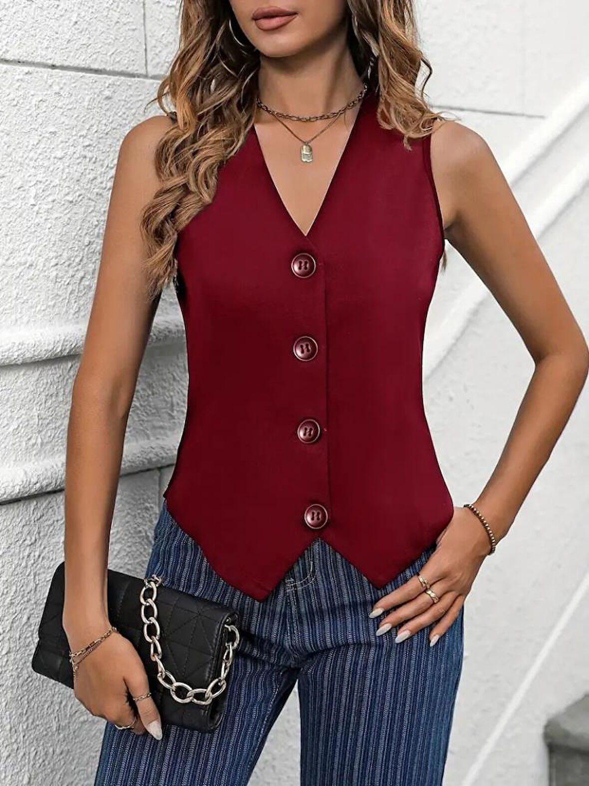 Kadın Sıfır Kollu V Yakalı önden Düğmeli Atlas Yelek