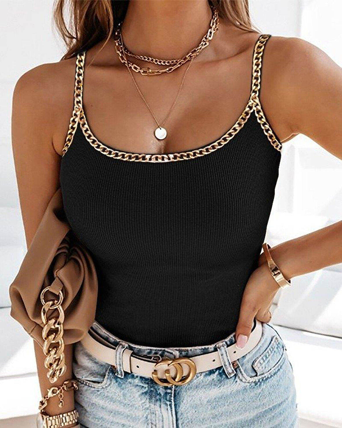 Kadın Askılı U Yaka Zincir şeritli Kaşkorse Bluz